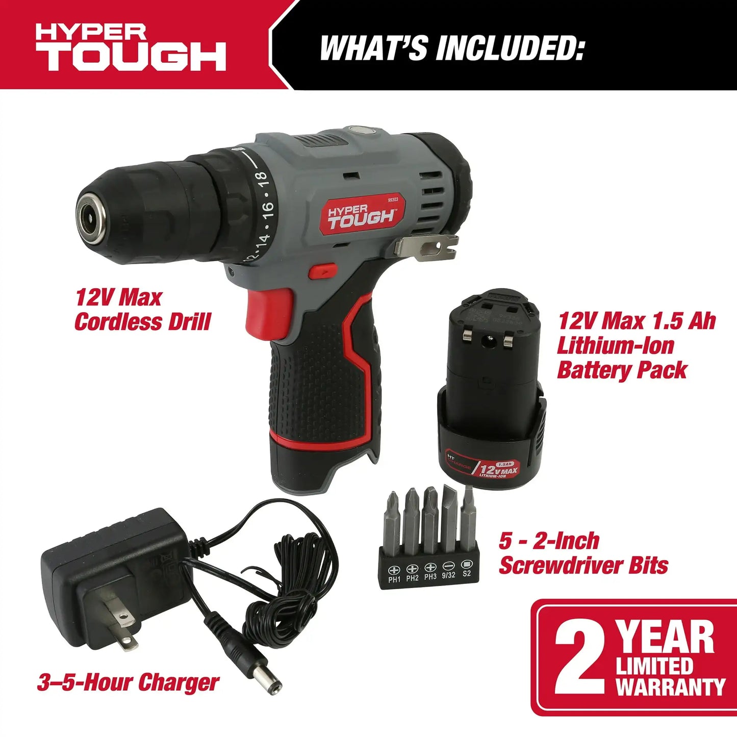 Hyper Tough 12V Max Lithium-Ion Cordless 3/8-inch Drill Driver with 1.5Ah Battery, 99303