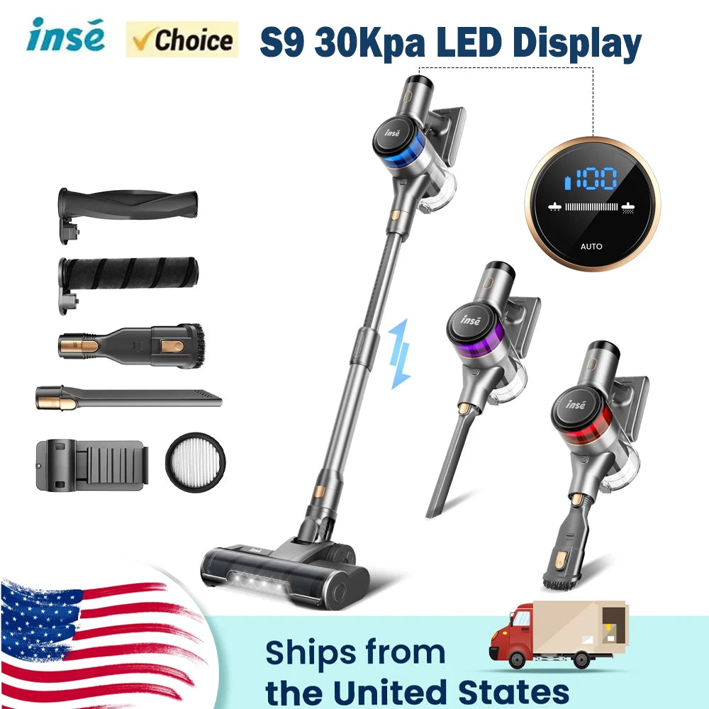 INSE S9 Wireless Vacuum Cleaner 30Kpa Stick Vacuum with LED Display 55min Runtime Smart Adjustment Dual Roller Brushes Cleaning