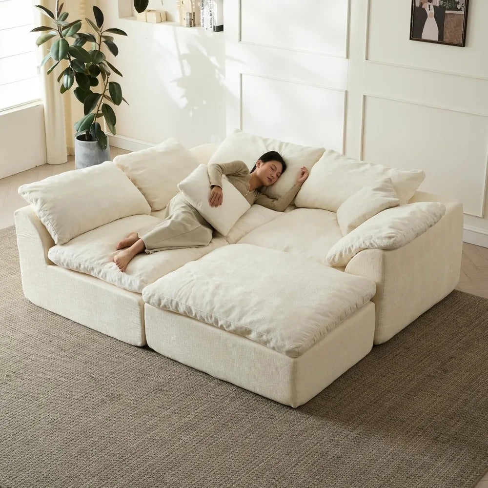109 Modern Cloud Couches for Living Room, Deep Seat Convertible L-Shape Boneless Couch with Ottoman, Oversized Comfy 3-Seater Co