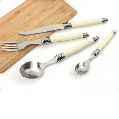 4/6/24pcs Laguiole Ivory White Silverware Stainless Steel Steak Knives Table Forks Dinner Spoons Dessert Teaspoon Xmas Cutlery