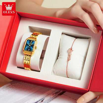 OLEVS Original Women's Wacthes Waterproof Stainless steel Calendar New Ladies Watches High Quality Square Dial Wristwatch Set