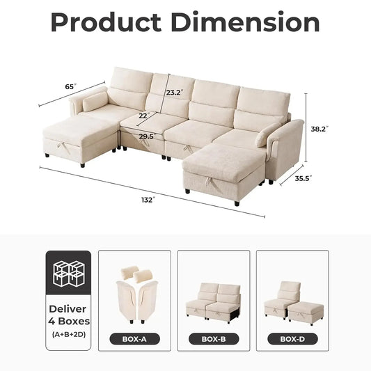 132'' Oversized Modular Sectional Sofa, U Shaped Comfy Sectional Couch with Large Storage, 6 Seat Chenille Deep, Customized
