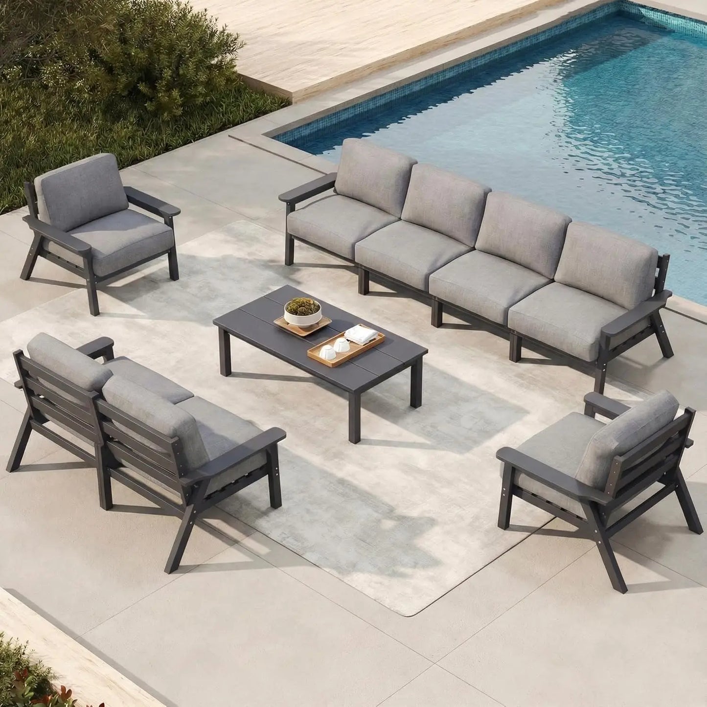 Patio Furniture Set 8 Seats, HDPE Outdoor Sectional with Beige Washable Thick Cushions, Coffee Table, Patio, Customized