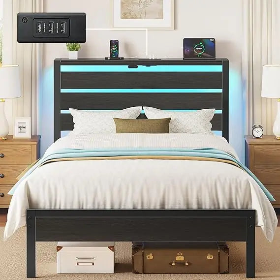 Rolanstar Bed Frame Twin Size with USB Charging Station, LED Bed Frame with Wood Storage Headboard, Black Metal Platform Bed wit