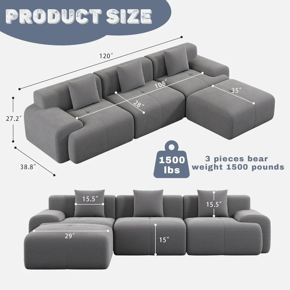 120" Modular L-Shape Sofa, Deep Seat Cloud Couch with Memory Foam, Corduroy Fabric, No Assembly Required (Dark Grey)