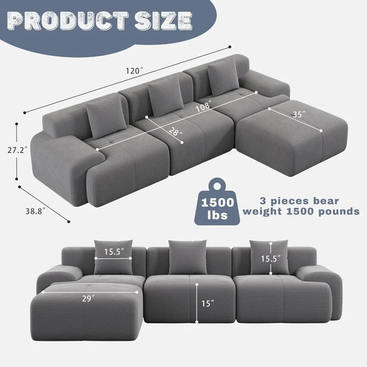 120" Modular L-Shape Sofa, Deep Seat Cloud Couch with Memory Foam, Corduroy Fabric, No Assembly Required (Dark Grey)