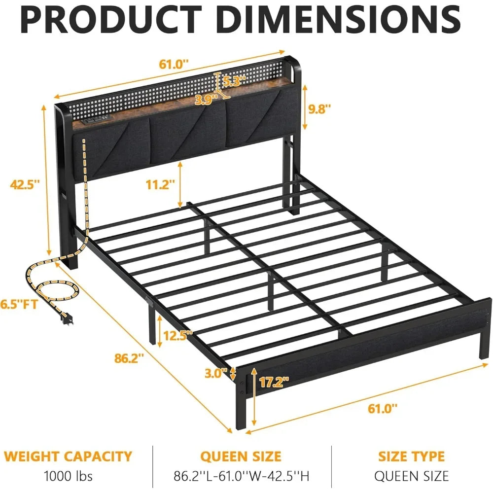 Platform Metal Bed Frame with Headboard And LED Lights Upholstered Bedframe with Charging Station And USB Port