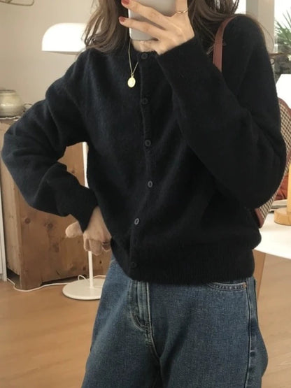 2025 Long Sleeve Vintage Y2k Tops Korean Knitted Cardigan Women's Autumn Winter Fashion O-Neck Versatile Slimming Basis Sweater