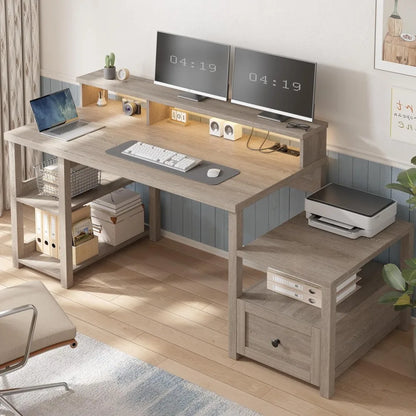 60.4" Computer Desks with Drawer & LED Light, Office Desk with Monitor Stand, Farmhouse Study Desks with Power Outlet, Work Desk