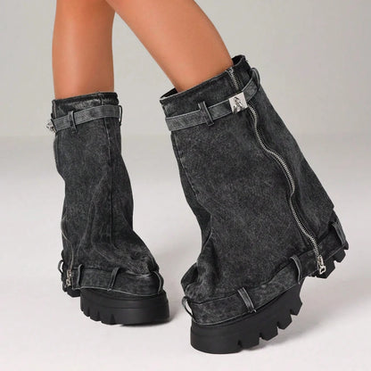 Women'S Y2K Slouchy Fold Over Shark Boots Fashion Punk Side Zipper Platform Chunky Heels Pull On Casual Party Boots Woman