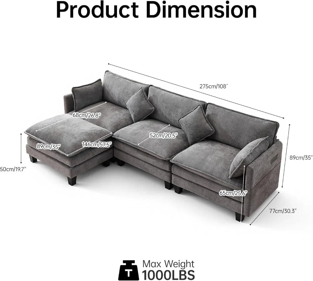 108" Modular Sectional Sofa with Ottoman, L-Shaped Cloud Couch, USB Charging Ports, Deep Seat Chenille Fabric, Dark Grey