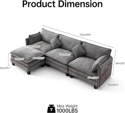108" Modular Sectional Sofa with Ottoman, L-Shaped Cloud Couch, USB Charging Ports, Deep Seat Chenille Fabric, Dark Grey