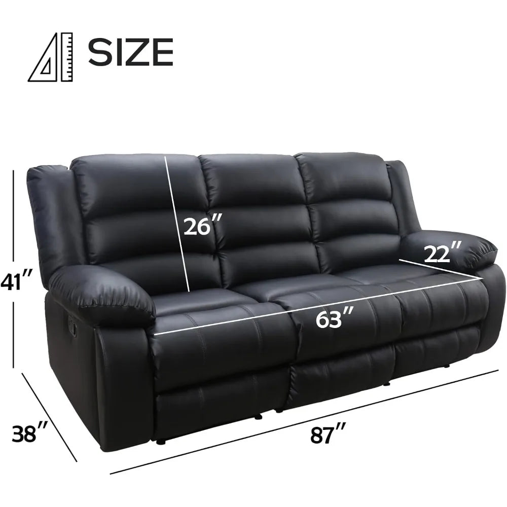 Manual Reclining Sofa 3 Seats with Cup Holders, Overstuffed Armrest Faux Leather Couch for Living Room Bedroom