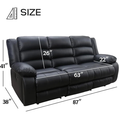 Manual Reclining Sofa 3 Seats with Cup Holders, Overstuffed Armrest Faux Leather Couch for Living Room Bedroom