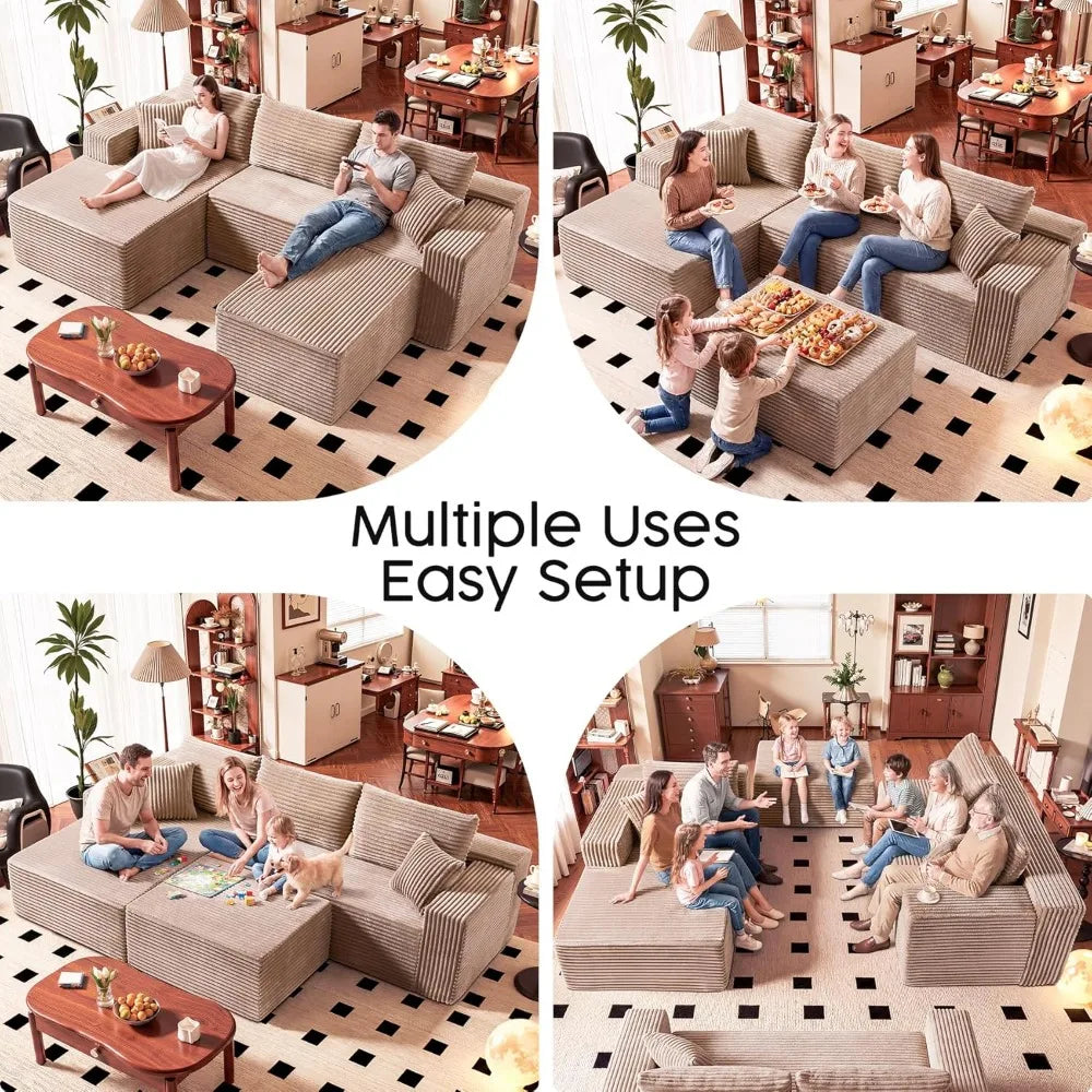 No Assembly Cloud Modular Sectional Sofa，108" U-Shape Corner Couch with Ottoman - Plush Corduroy, Deep Seating,Customized