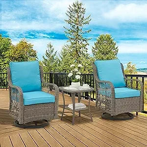 3 piece outdoor patio set, wicker rocking bistro set with 2 swivel chairs & tempered glass top table, rattan outdoor furniture