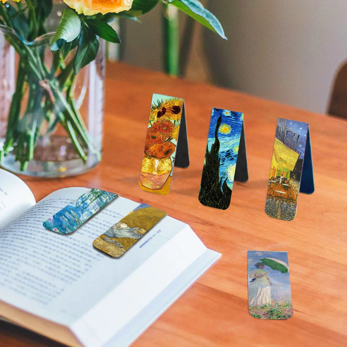 12pcs Artistic Magnetic Bookmarks Featuring World Famous Paintings by Van Gogh & Monet - Ideal for School, Office, And Art Lover