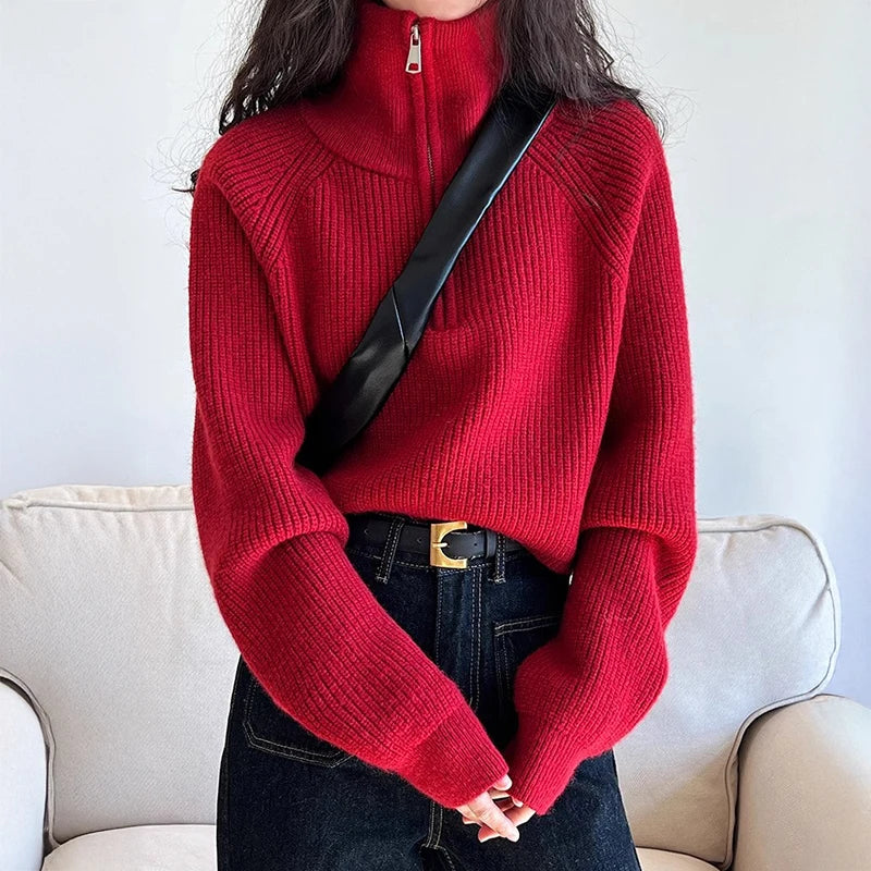 Half Zip Collar Sweater Women Pullovers Soft Knitted Long Sleeve Short Jumper Fall Winter Teen-girl Korean Fashion Outfit