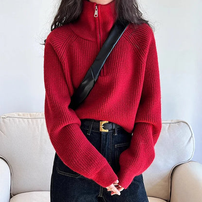 Half Zip Collar Sweater Women Pullovers Soft Knitted Long Sleeve Short Jumper Fall Winter Teen-girl Korean Fashion Outfit