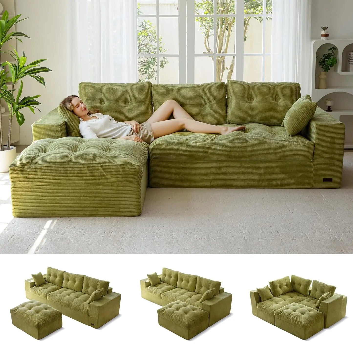 104" L Shaped Modular Sectional Sofa with Ottoman, Cloud Boneless Couch with Layered Cushion, Upholstered Sofa in a Box, Flexibl