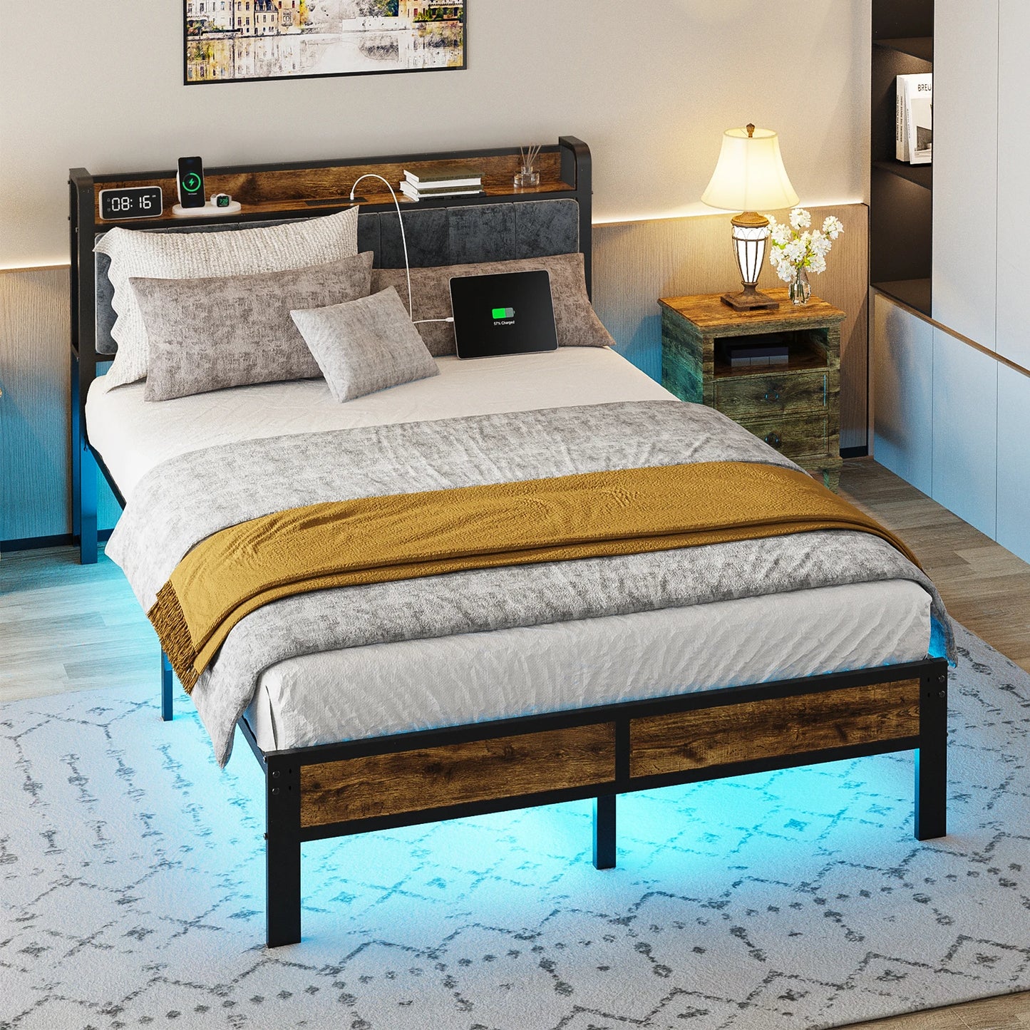 Platform Bed Frame with Storage Headboard, Metal Platform Bed with LED Lights & Charging Station, Under Bed Storage