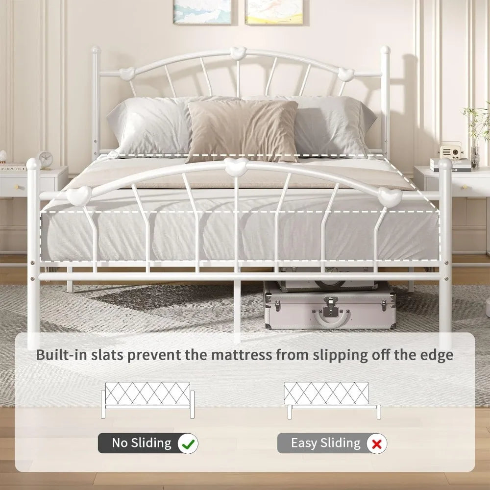 Metal Bed Frame, Bed Frame with Headboard, Heart-Shaped Decorative Headboard and Footboard, Heavy Duty Metal Slat Support