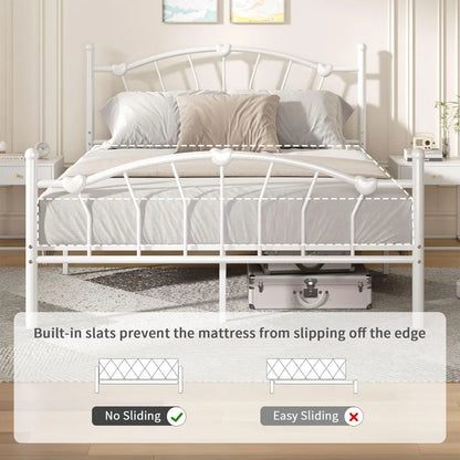 Metal Bed Frame, Bed Frame with Headboard, Heart-Shaped Decorative Headboard and Footboard, Heavy Duty Metal Slat Support