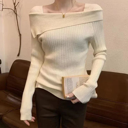 Solid Sexy Slim Off Shoulder Slash Neck Long Sleeve Knitting Sweater  Women Jumpers Office Fashion New