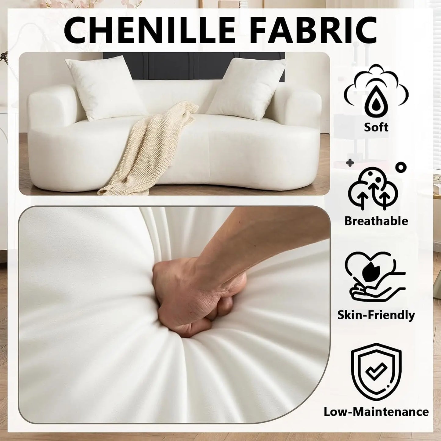 80“ Curved Loveseat for Small Spaces, White Curved Couches for Living room, Compression Sofa in a Box with 2 Pillows,