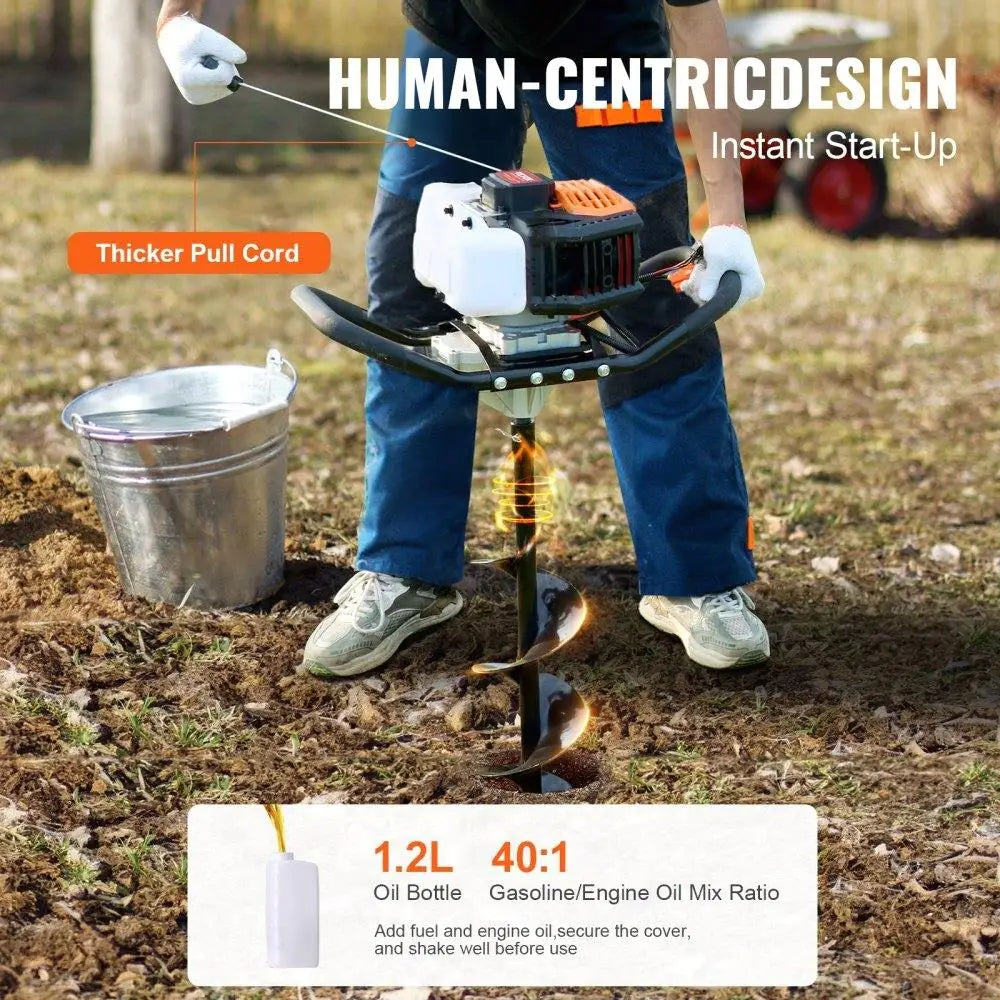 Professional Grade Gas Post Hole Digger 52CC 1450W with 8 inch Drill Bits and Extension Rod