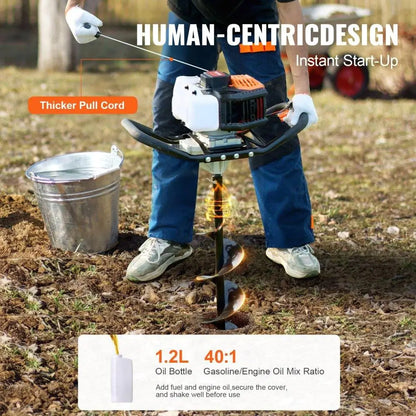 Professional Grade Gas Post Hole Digger 52CC 1450W with 8 inch Drill Bits and Extension Rod