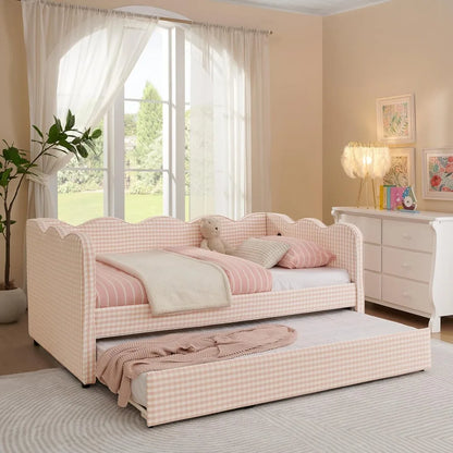 Twin Size Sofa Bed with Trundle, USB Port, Linen Fabric - Navy & Pink Gingham Design