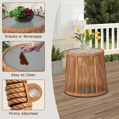 3 Piece Outdoor Wicker Bistro Set, Patio Conversation Sets w/2 Large Rattan Chairs and Tempered Glass Table, Patio Furniture
