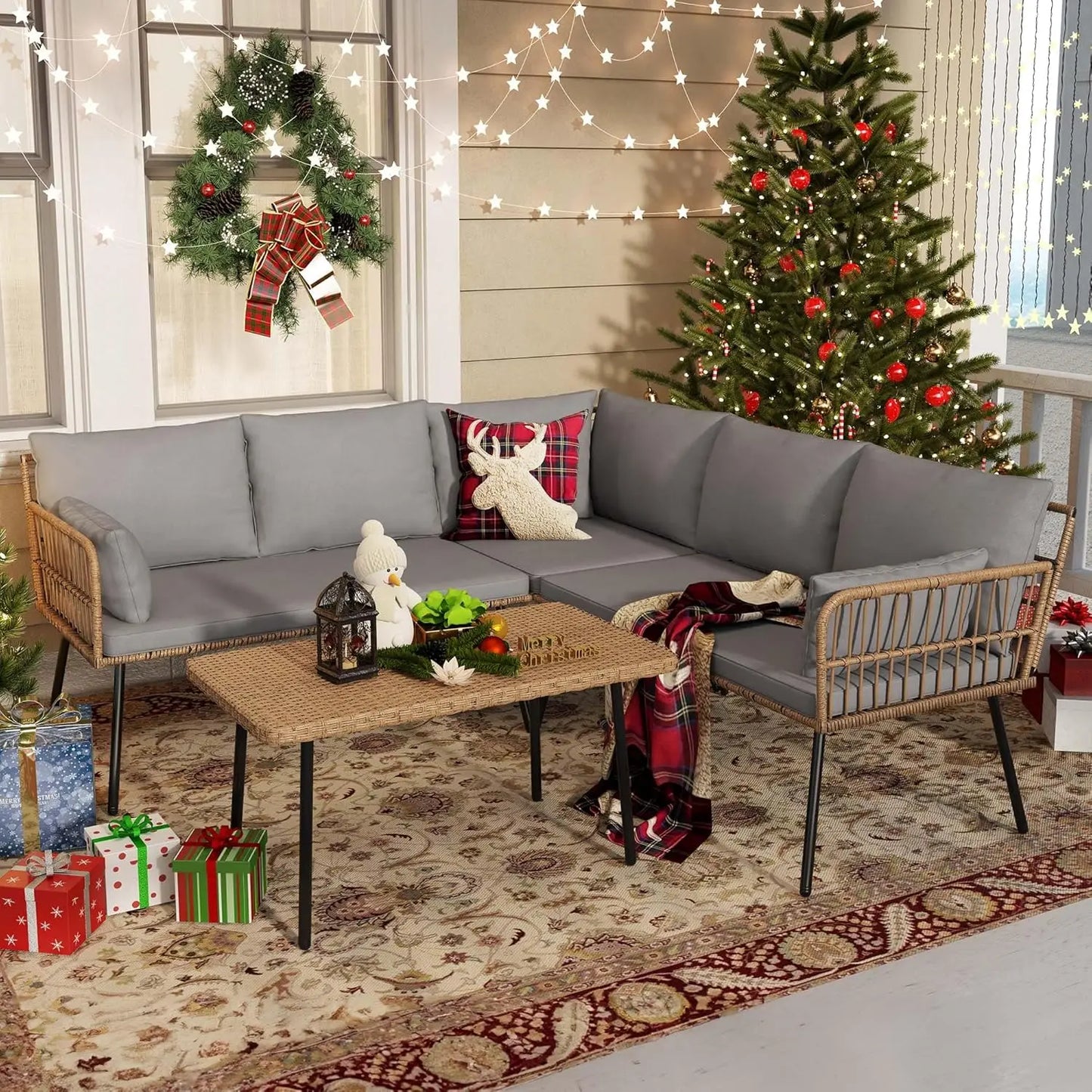 Outdoor L-Shaped Wicker Sofa Set with Cushions and Side Table, 5-Seater Patio Furniture for Backyard