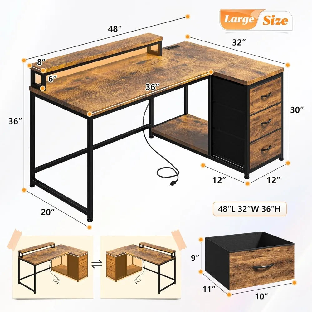 L Shaped Gaming Desk with LED Lights & Power Outlet, 48Inch Corner Computer Desk with Drawers Reversible Home Office Desks with