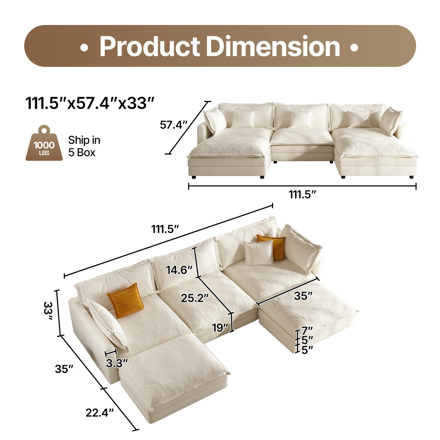 111.5" L Shaped Modern Sofa Modular Sectional Cloud Couch with Ottoman, 4-Seat Chenille Deep Seat Sofa with Pillow for Living Ro