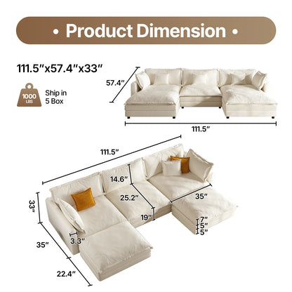 111.5" L Shaped Modern Sofa Modular Sectional Cloud Couch with Ottoman, 4-Seat Chenille Deep Seat Sofa with Pillow for Living Ro