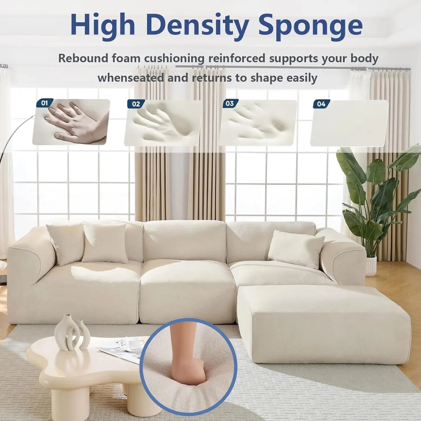 122” Modular Sectional Sofa, Cloud Sectional Boneless Couch with Deep Seat and Movable Ottoman, Modern Oversized, Customized