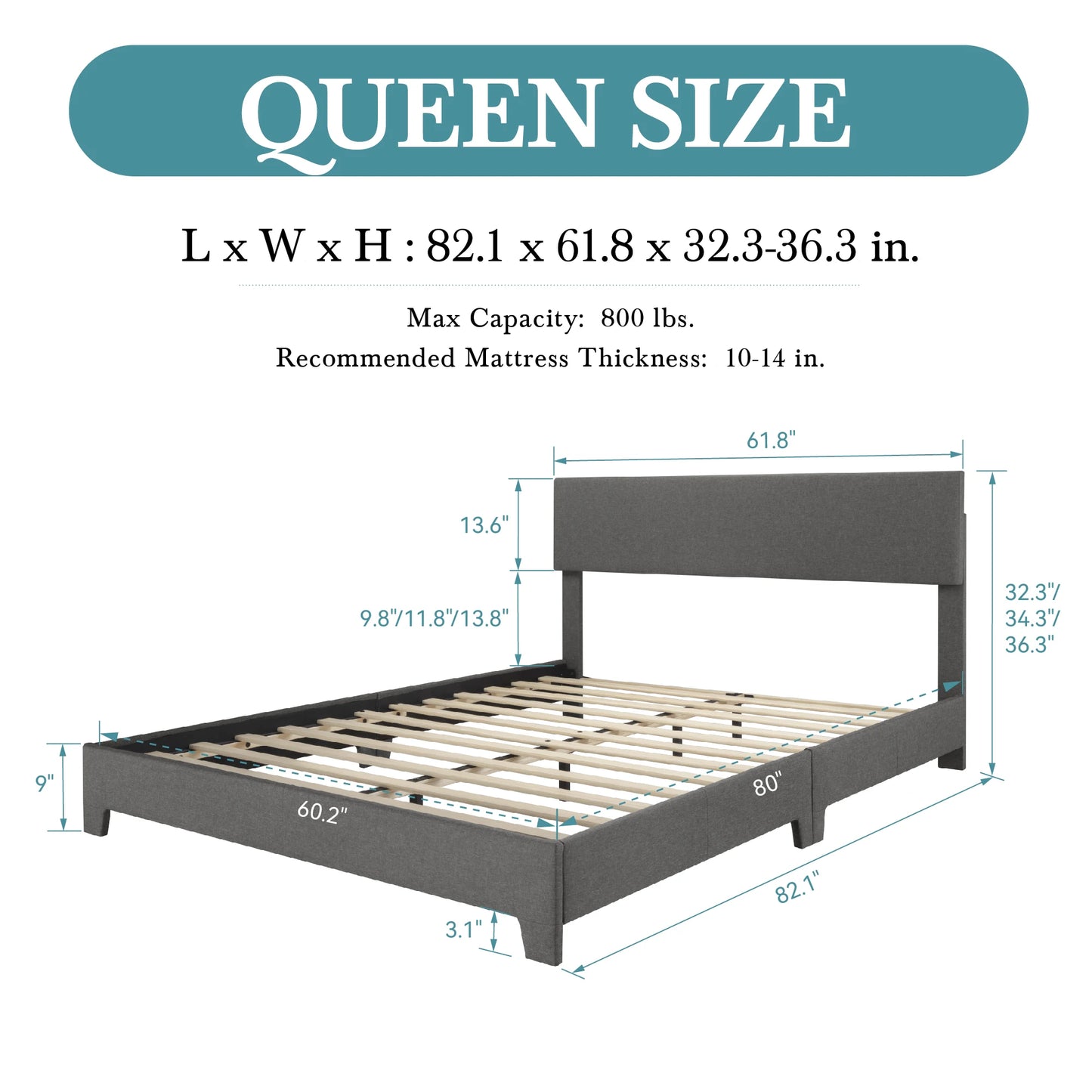 HOOMIC Full/Queen/King Upholstered Bed Frame with Adjustable Linen Headboard, Sturdy Wood Slats & Quiet Support
