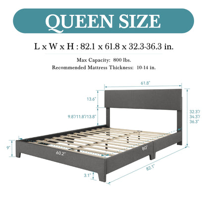 HOOMIC Full/Queen/King Upholstered Bed Frame with Adjustable Linen Headboard, Sturdy Wood Slats & Quiet Support