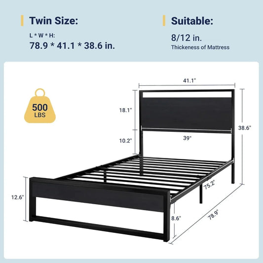 Sturdy Metal and Wooden Bed Frame with Headboard and Footboard,8.6" Underneath Space, No Box Spring Needed, Modern Design