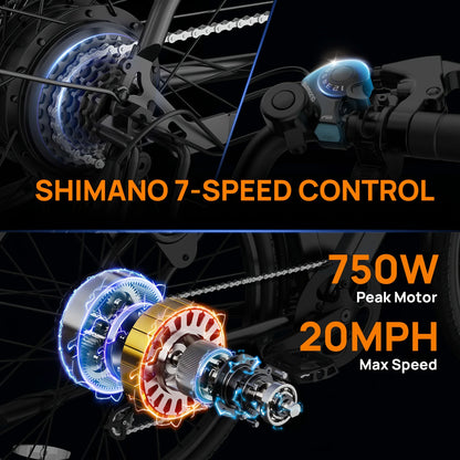 750W E-Bike Commuter 26x2" Tires 48V 10.4Ah Removable LCD Display 20MPH Speed 7-Speeds Hydraulic Disc Brakes for Adults