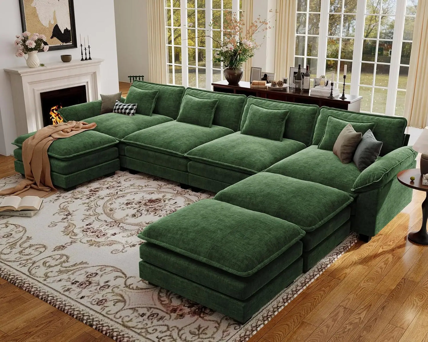 154" Oversized Modular Sectional Sofa, Comfy U-Shaped Cloud Couch w/ 3 Movable Ottomans, 7-Seater Chenille Deep, Customized