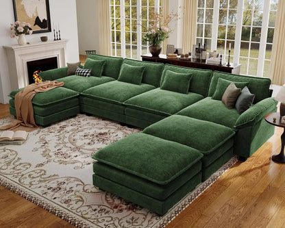 154" Oversized Modular Sectional Sofa, Comfy U-Shaped Cloud Couch w/ 3 Movable Ottomans, 7-Seater Chenille Deep, Customized