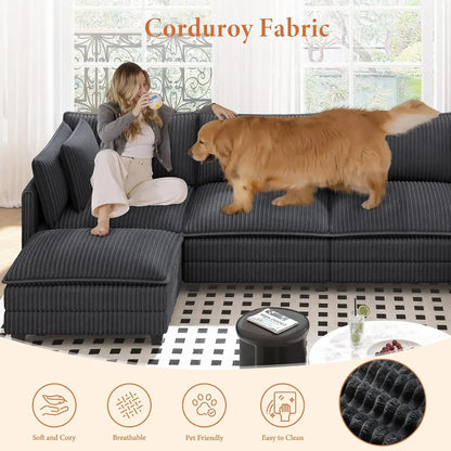 109" L Shaped Cloud Sectional Couch, Comfy Corduroy Upholstered Modular Couches for Living Room, Modern 3 Seater, Customized