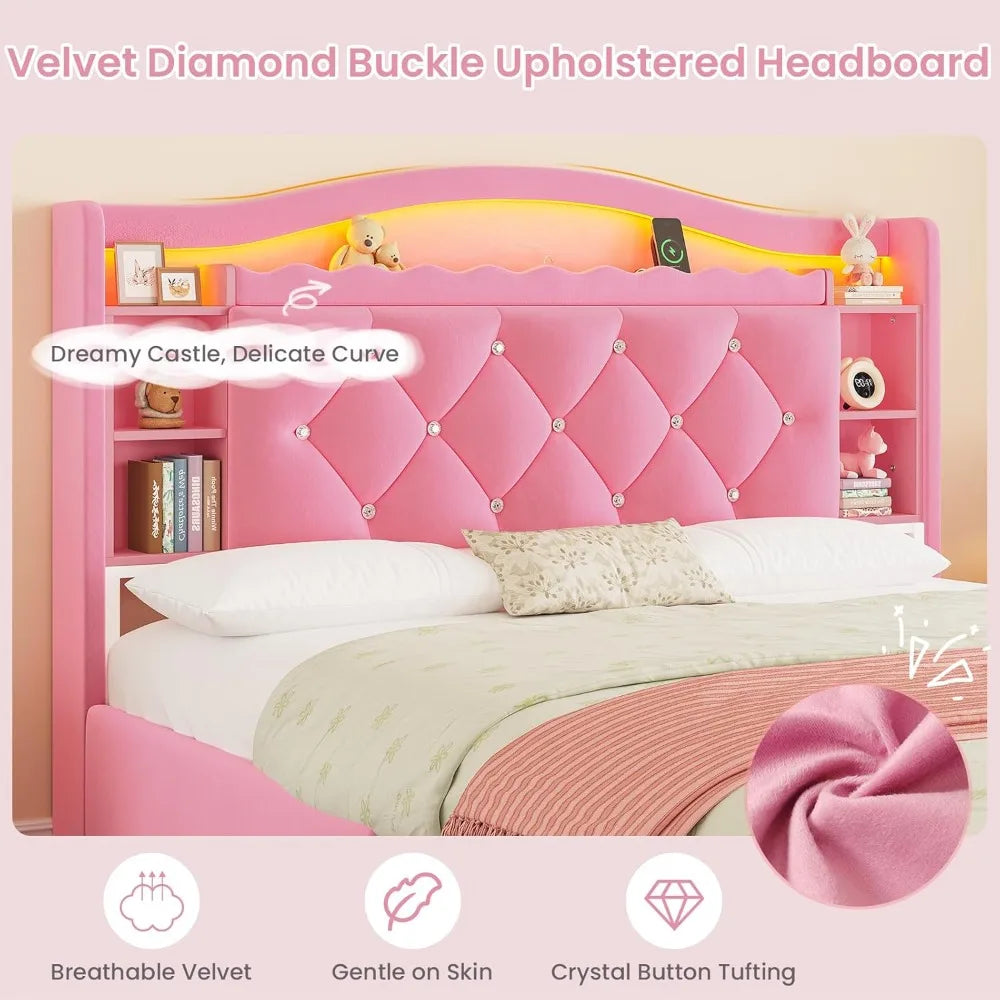 Pink Princess Bed Frame with Storage Drawers, LED Lights & USB Charging - Full Size Girls Platform Bed