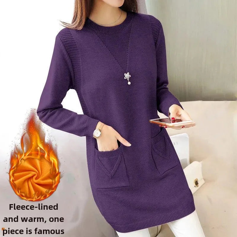 2024 New Style Korean Version Loose-Fit Medium-Length Knit Base Layer Top Women's Pullover Sweater Skirt Fleece-Lined Thickened