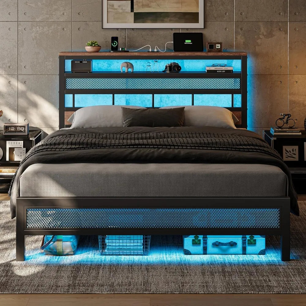 Led Bed Frame , Metal Platform Bed Frame with 2-Tier Storage Headboard, Mesh Bedframe with Charging Station, Easy Assembly