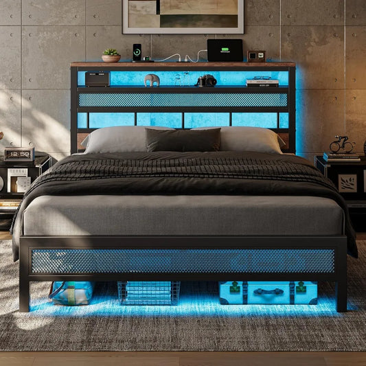 Led Bed Frame , Metal Platform Bed Frame with 2-Tier Storage Headboard, Mesh Bedframe with Charging Station, Easy Assembly