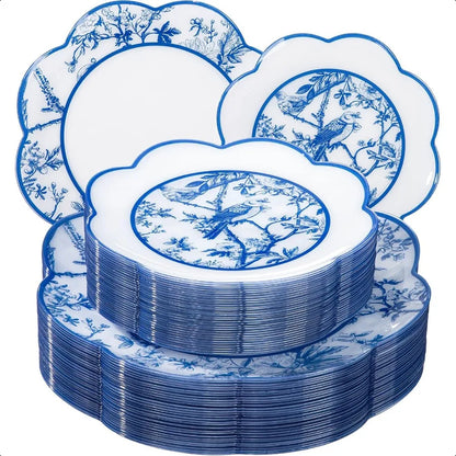 LIYH 60 Pcs Blue Plastic Plates Set Heavy Duty Floral and White Plastic Plates for Party Wedding Elegant Plate Bridal Shower Fl